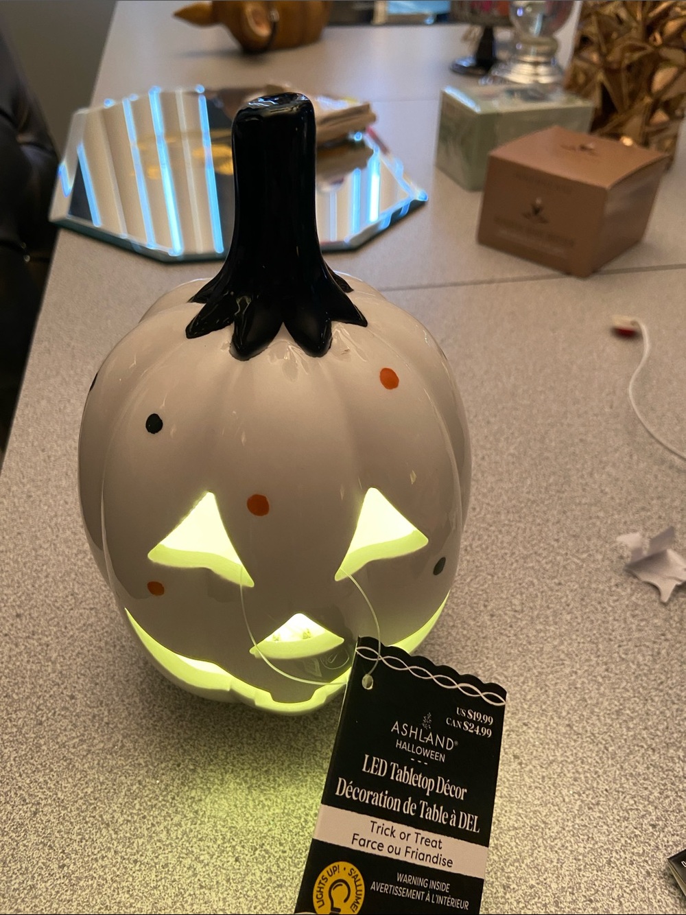 Ashland White Ceramic Pumpkin Lantern with Black Stem and Orange/Black Dots